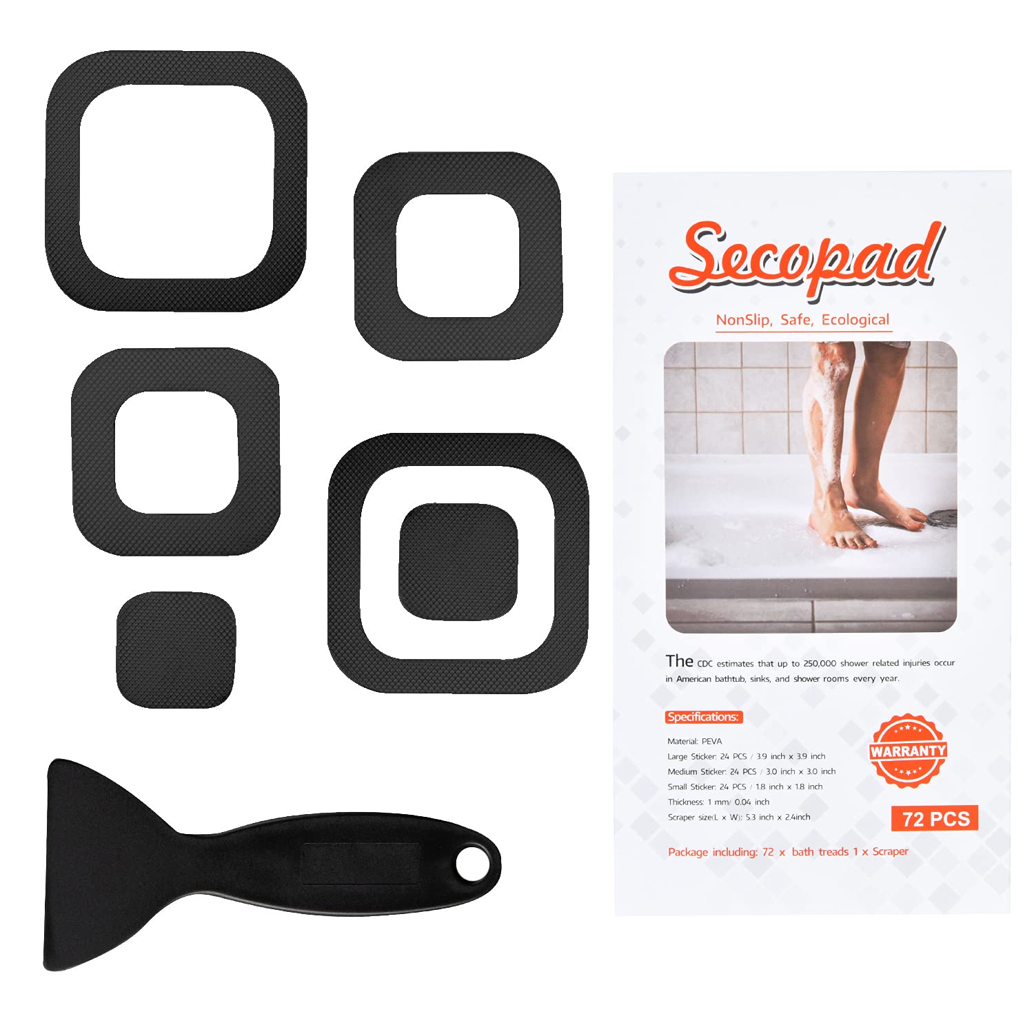 Secopad Non-Slip Bathtub Stickers, 72 PCS Safety Bathroom Tubs Showers Treads Adhesive Decals Scraper (Black)