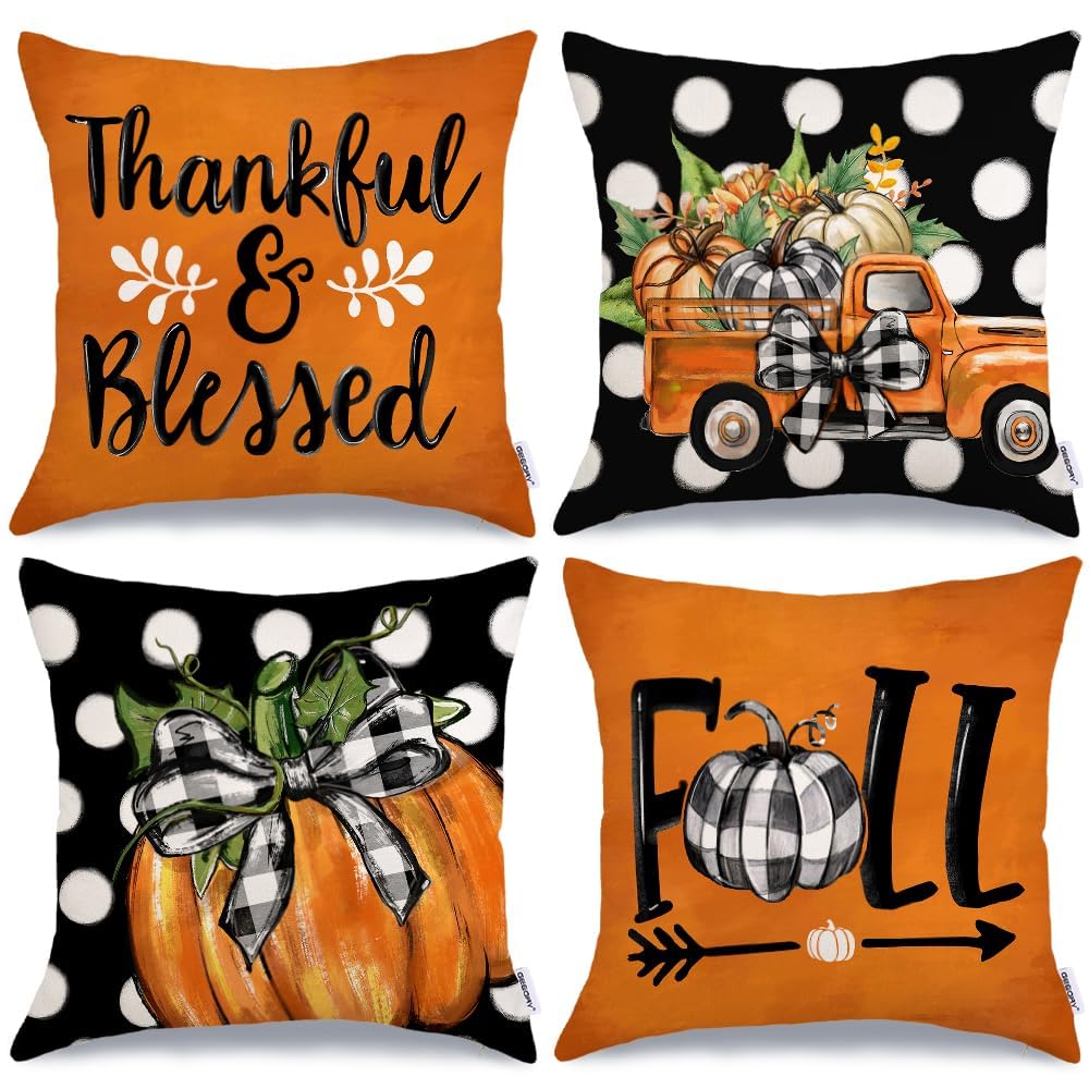 Geeory Fall Pillow Covers 20 X 20 Inch Set Of 4, Polka Dots Buffalo Bow-Knot Pumpkins Truck Thankful Thanksgiving Decor Decorati