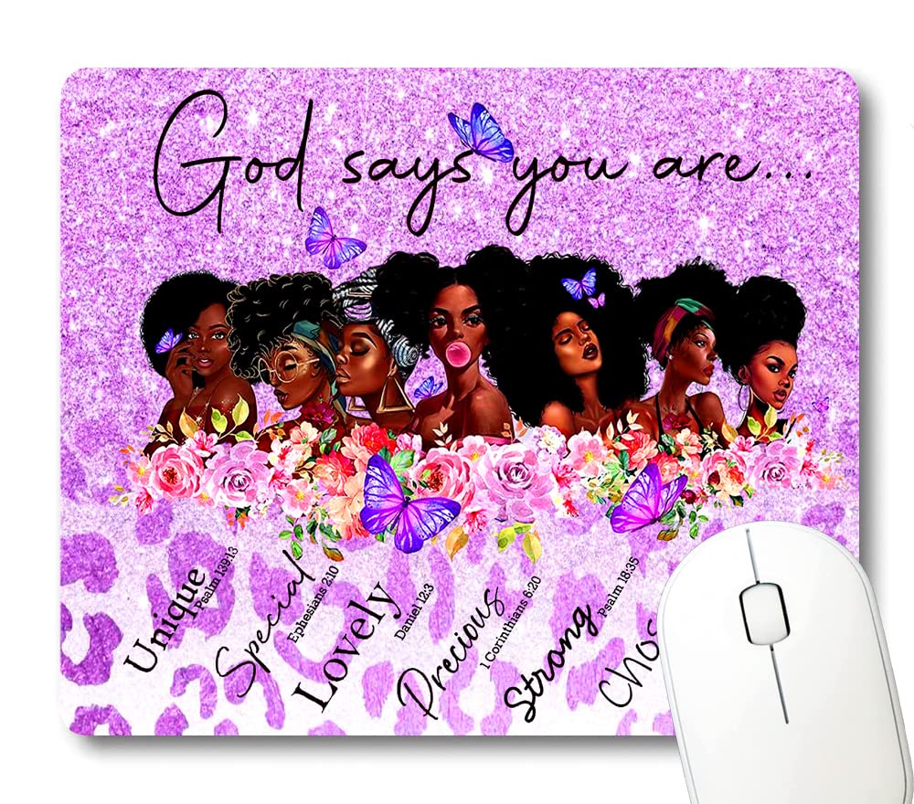 Wknoon African American Print Art God Says You Are Inspirational Quote Mouse Pad, Purple Sparkles Glitter And Leopard Painting B