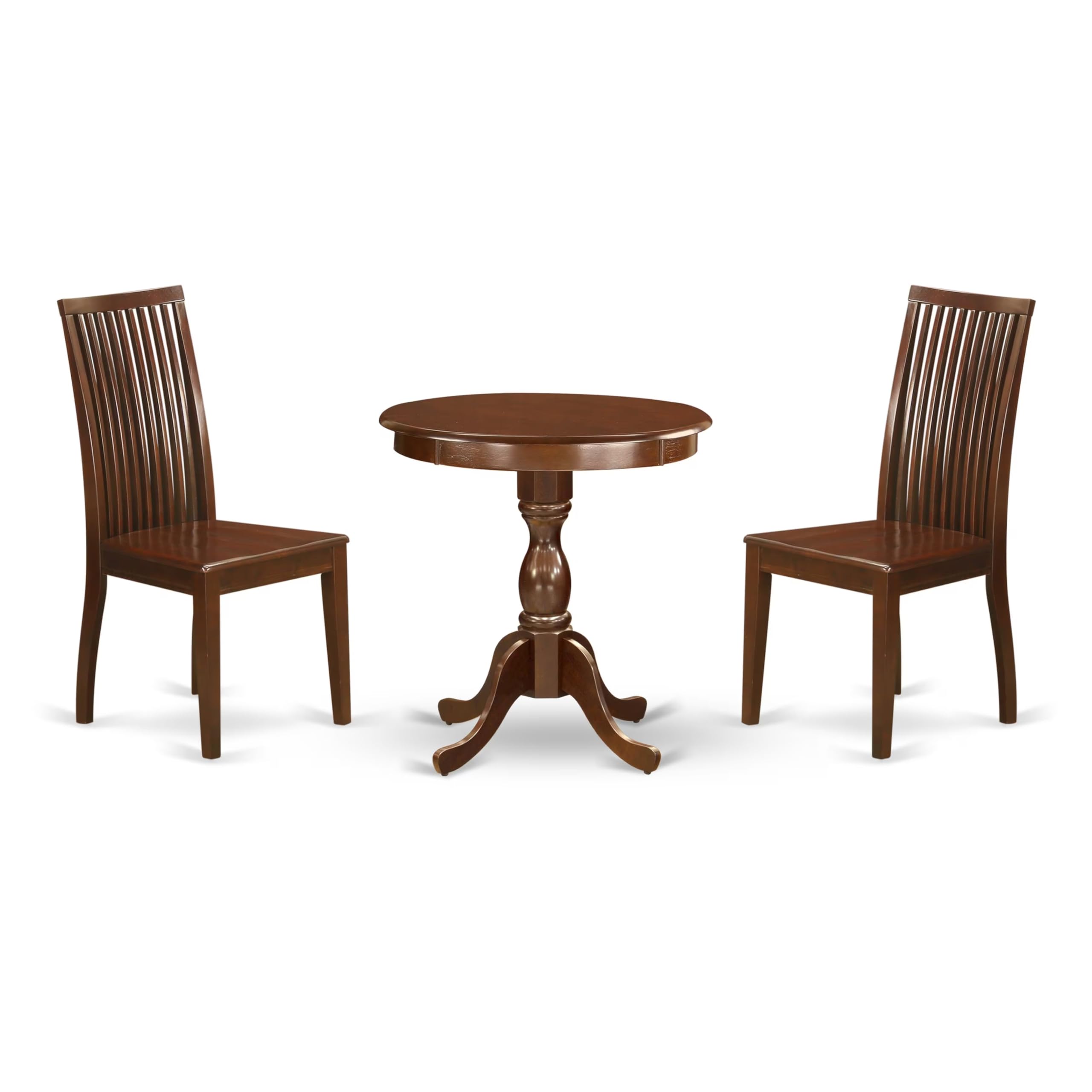 East West Furniture Esip3-Mah-W 3 Piece Dining Table Set For Small Spaces Contains A Round Dining Room Table With Pedestal And 2 Wood Seat Chairs, 30X30 Inch, Mahogany