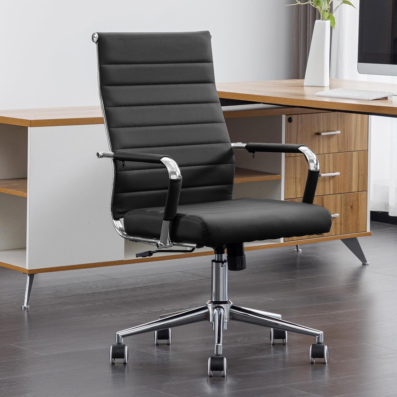 Okeysen Black Conference Room Chairs, Modern Ergonomic Pu Leather Office Desk Chair Ribbed For Office, High Back Executive Swive
