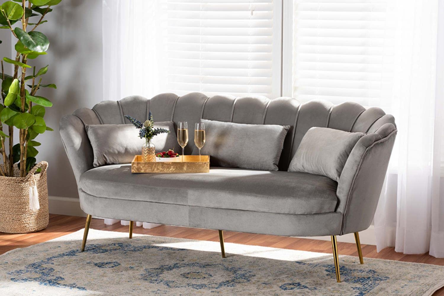 Baxton Studio Genia Contemporary Glam and Luxe Grey Velvet Fabric Upholstered and Gold Metal Sofa