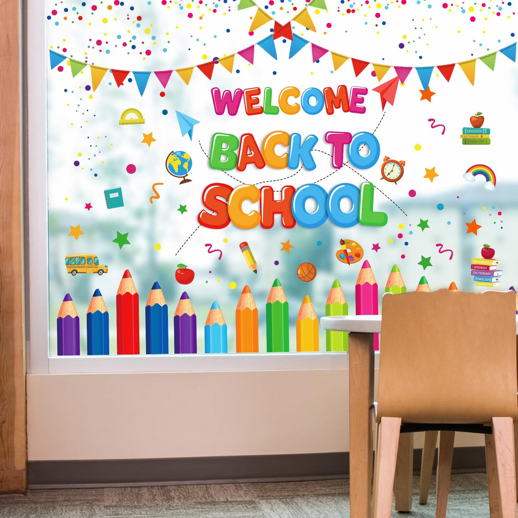 Jarthenaamcs Welcome Back To School Window Clings Flag Banner Colorful Pencils Window Stickers Double Sided Wall Glass Decals Fo