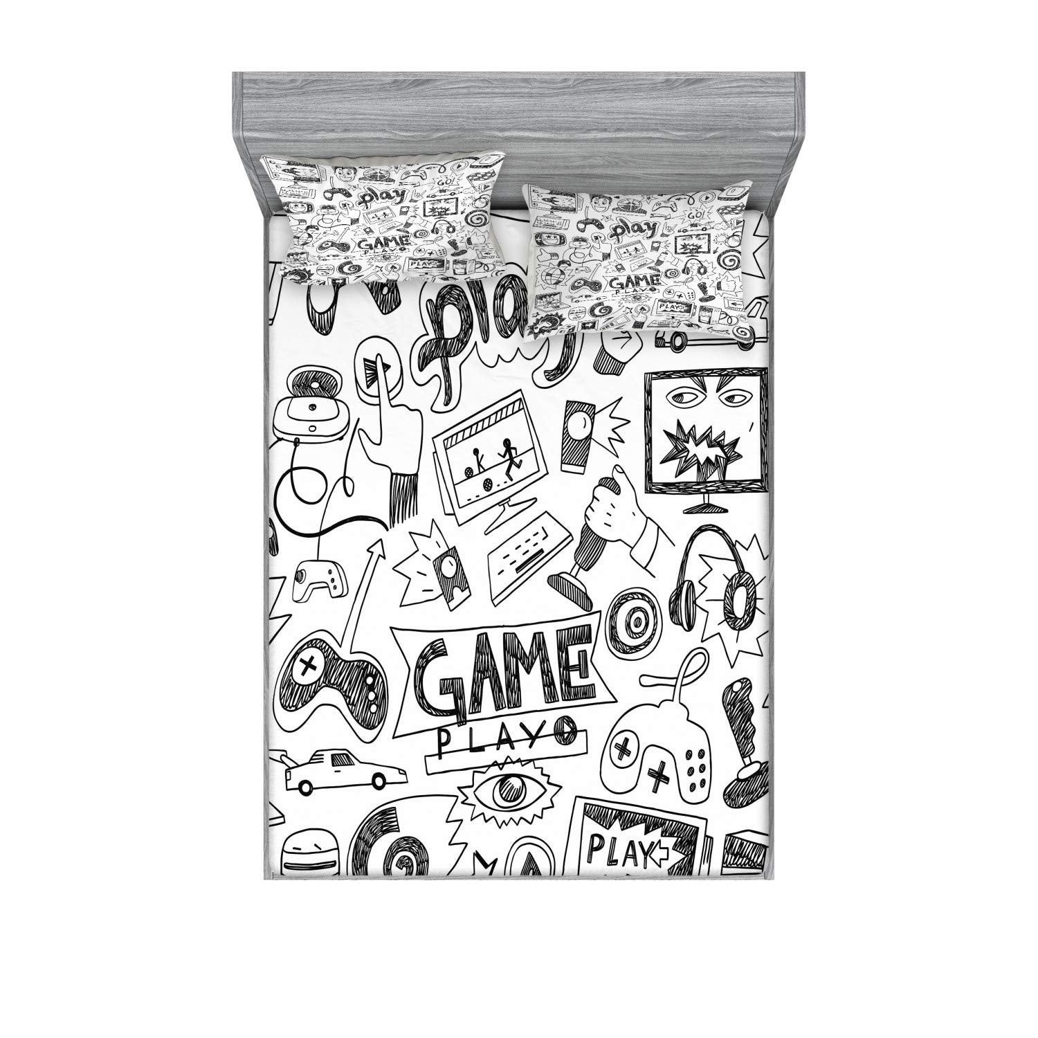 Ambesonne Video Games Bedding Set Sheet & Covers Bedroom Dorm Play Room Decor Monochrome Sketch Style Gaming Design Racing Gamer