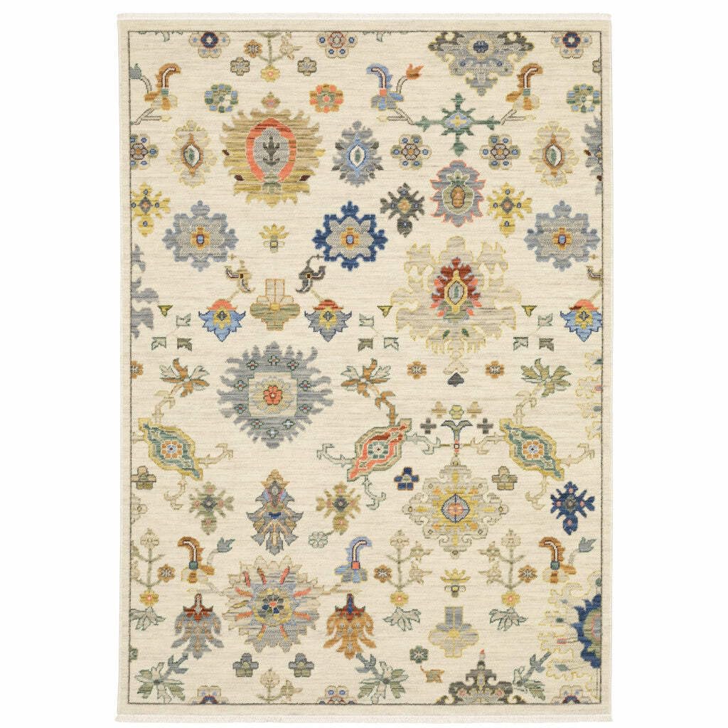 HomeRoots 509328 6 x 9 ft. Ivory Beige Gold Gray Blue Pink Red Rust & Green Oriental Power Loom Stain Resistant Rectangle Area Rug with Fringe