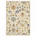 HomeRoots 509329 8 x 11 ft. Ivory Beige Gold Gray Blue Pink Red Rust & Green Oriental Power Loom Stain Resistant Rectangle Area Rug with Fringe