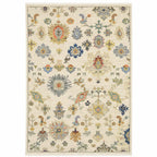 HomeRoots 509328 6 x 9 ft. Ivory Beige Gold Gray Blue Pink Red Rust & Green Oriental Power Loom Stain Resistant Rectangle Area Rug with Fringe