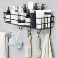 XENOTY Stainless Steel Iron Coating SelfAdhesive Metal Bathroom Rack Storage Shelves with 4 Hook Black, Set of 1 (Shelf with 4