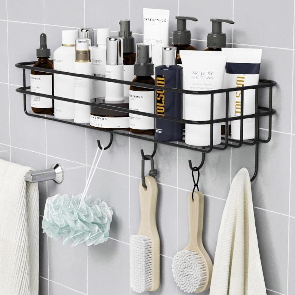 XENOTY Stainless Steel Iron Coating SelfAdhesive Metal Bathroom Rack Storage Shelves with 4 Hook Black, Set of 1 (Shelf with 4