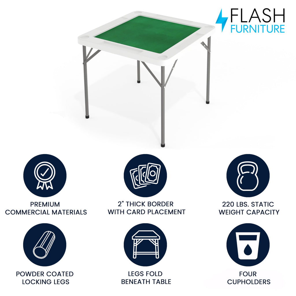 Flash Furniture Silas 34.5" Square Folding Card Table with Felt Green Surface and Cup Holders, Portable Folding Game Table for 4 Players, White/Green