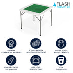 Flash Furniture Silas 34.5" Square Folding Card Table with Felt Green Surface and Cup Holders, Portable Folding Game Table for 4 Players, White/Green