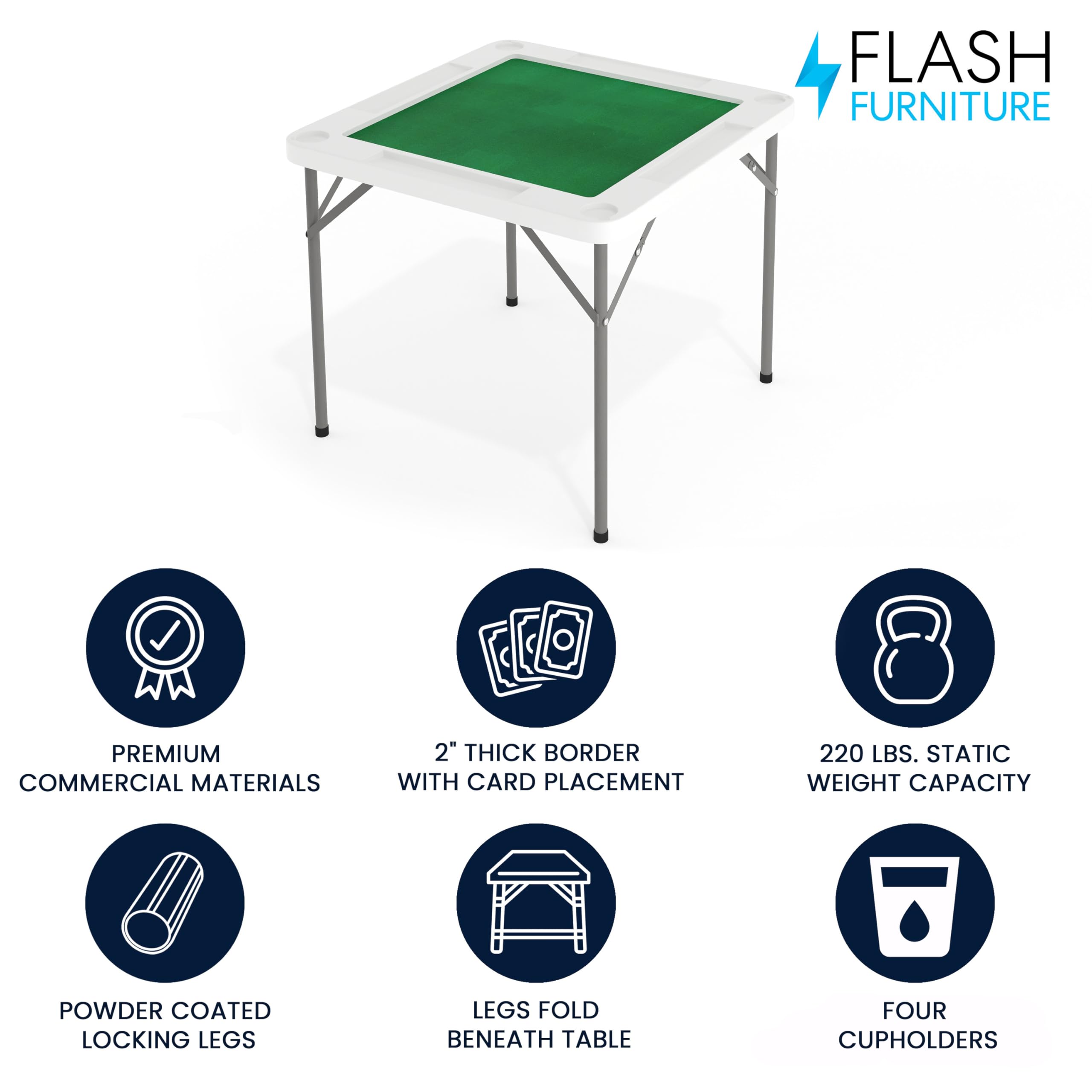 Flash Furniture Silas 34.5" Square Folding Card Table with Felt Green Surface and Cup Holders, Portable Folding Game Table for 4 Players, White/Green