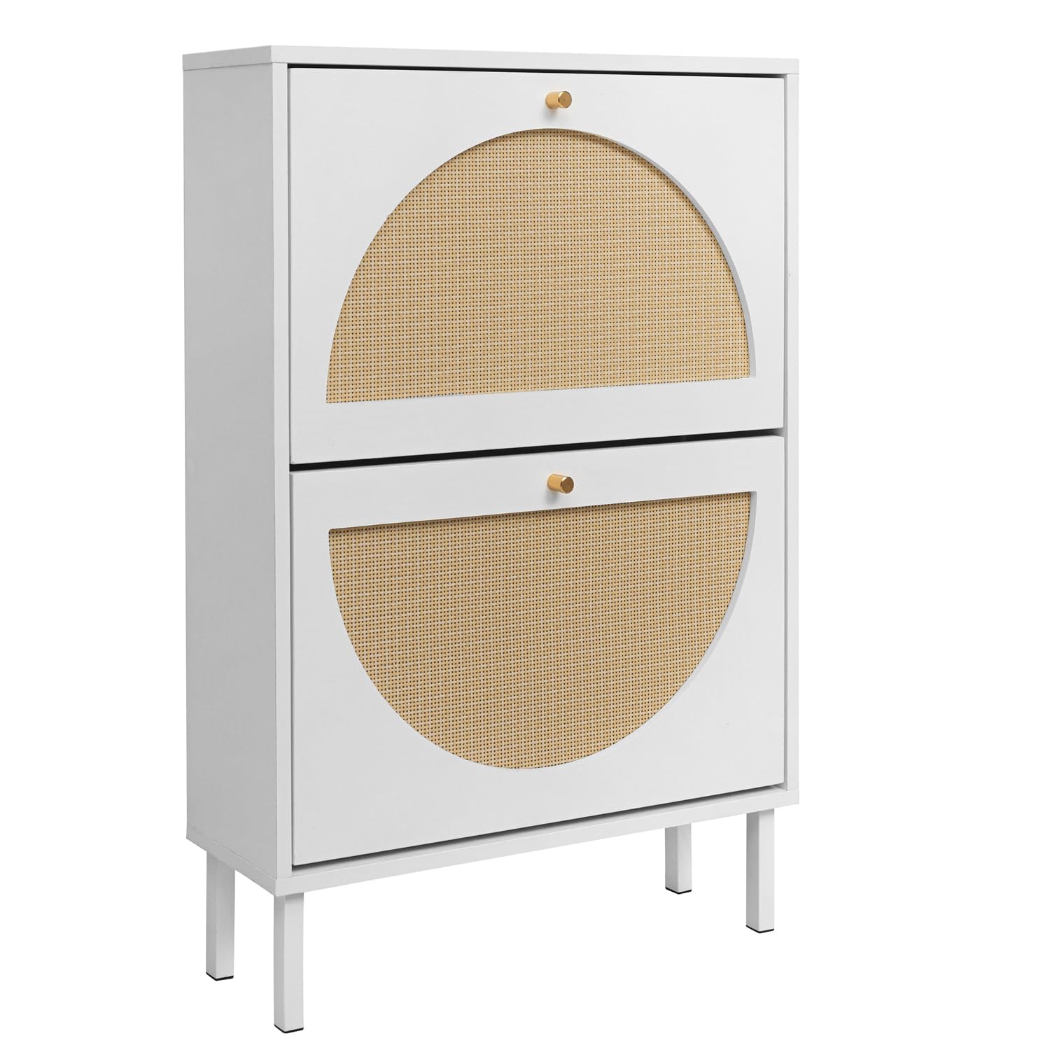 Zehuoge Rattan Shoe Cabinet With 2 Flip Drawers, White Shoe Shelf Organizer With Circle Rattan Doors, Entryway Narrow Storage Cabinet For Heels,Slippers(White)