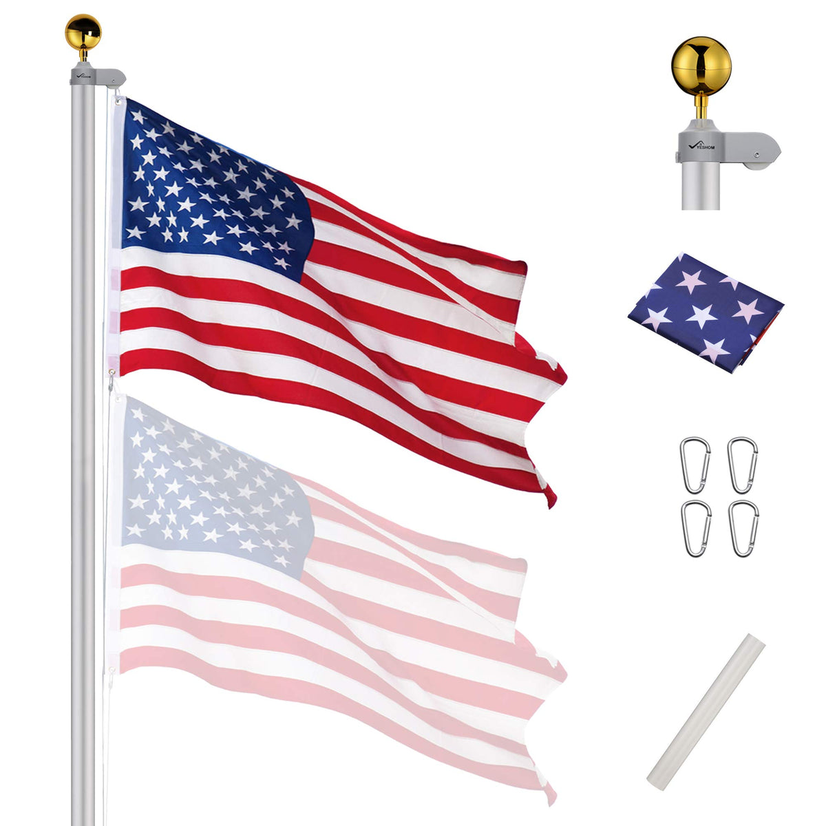 Yeshom Upgraded 20Ft Aluminum Sectional Flagpole Kit 3'X5' Us American Flag Gold Ball Kit Hardware For Outdoor Residential Yard