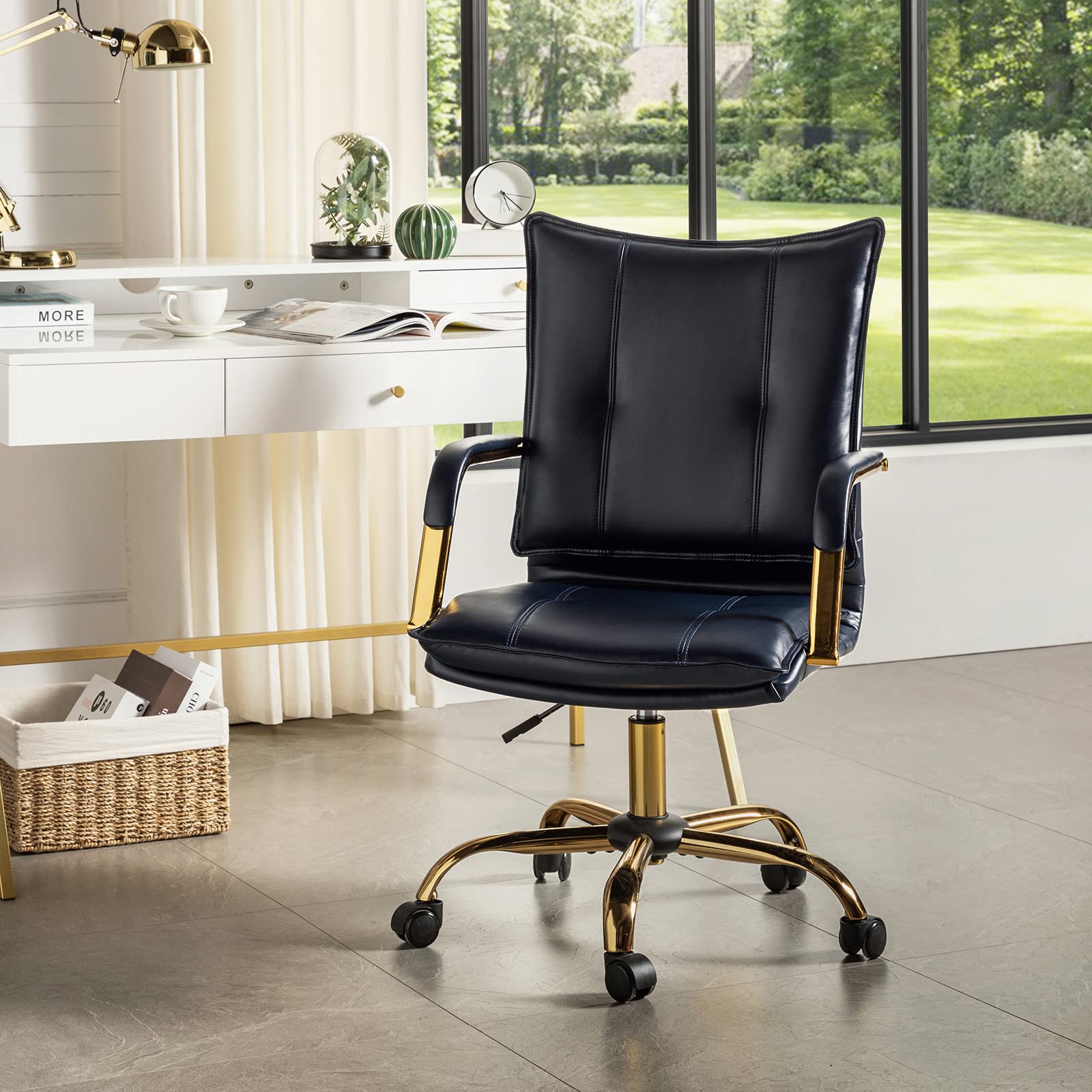 Hulala Home Faux Leather Home Office Desk Chair, Adjustable Swivel Computer Chair With Golden Legs And Arms, Comfy Upholstered Task Chair, Navy