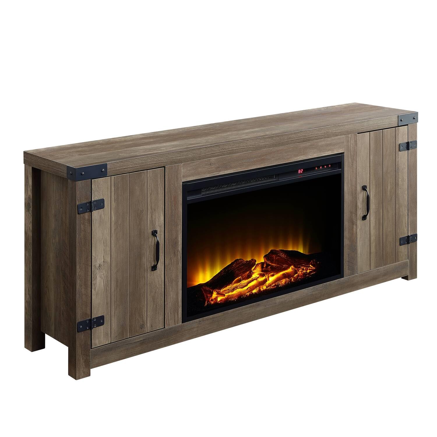 Acme Tobias Electric Fireplace Rustic Farmhouse Tv Stand With Double Barn Door For Tvs Up To 60&quot;, Rustic Oak Finish