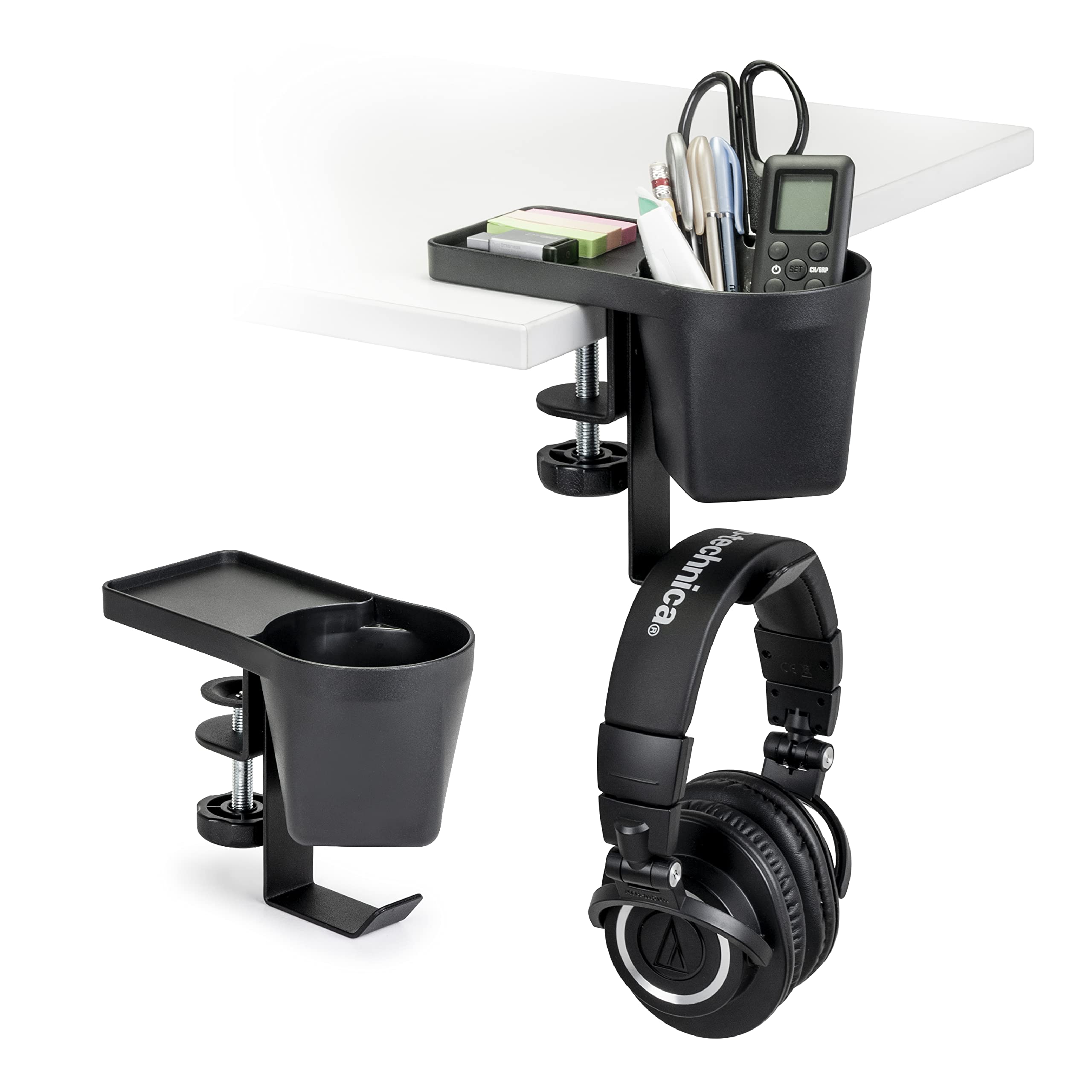 Eho Clamp On Pen Cup Holder With Headphone Hanger, No Drill Under Desk Headphone Hook Or Bag Hook For Pens, Pencils, Paper Clips