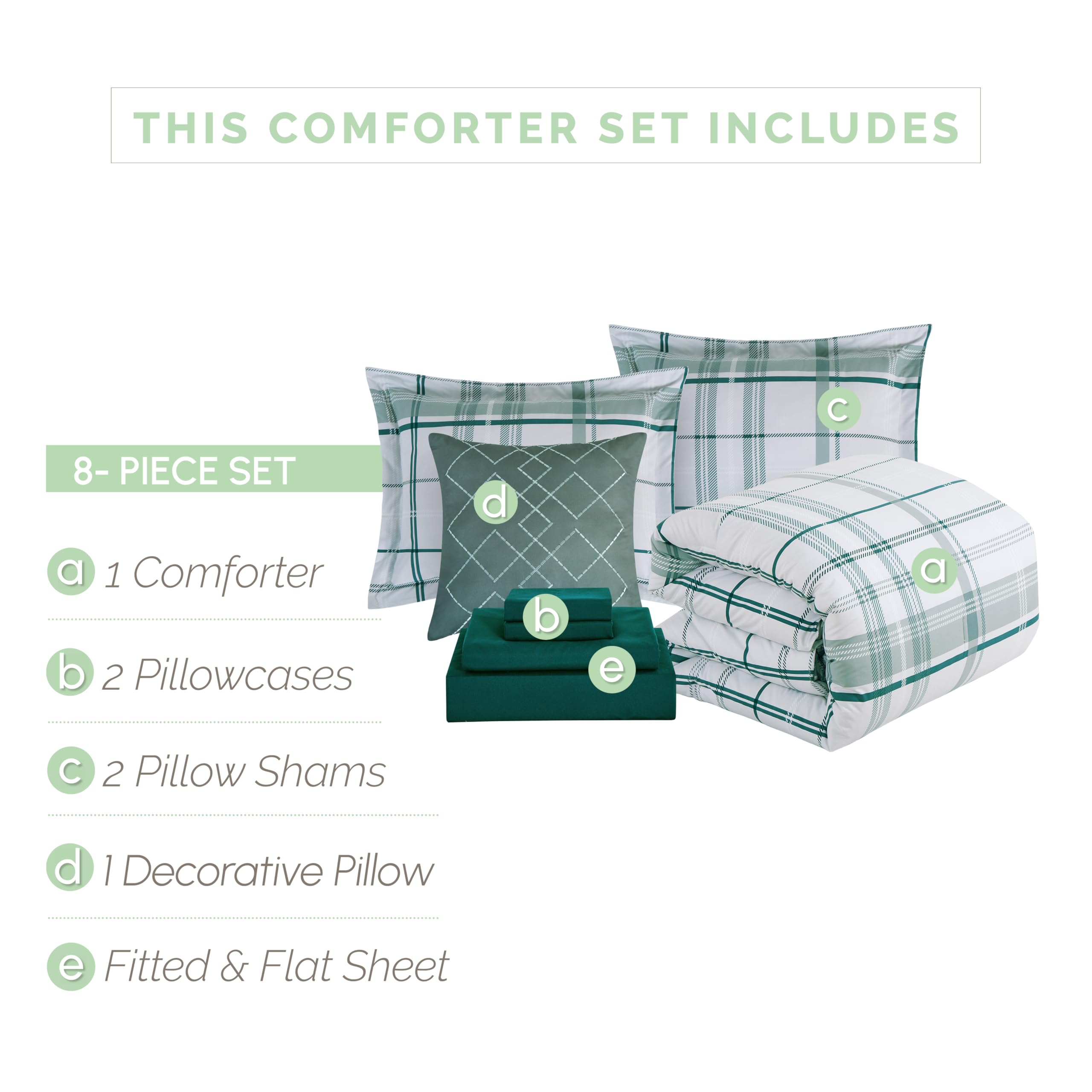 Elegant Comfort 8- Piece Lodge Plaid Reversible Comforter Set Bed-In-A-Bag Set - Silky Soft Complete Set Includes Bed Sheet Set With Double Sided Storage Pockets, Full/Queen, Sage