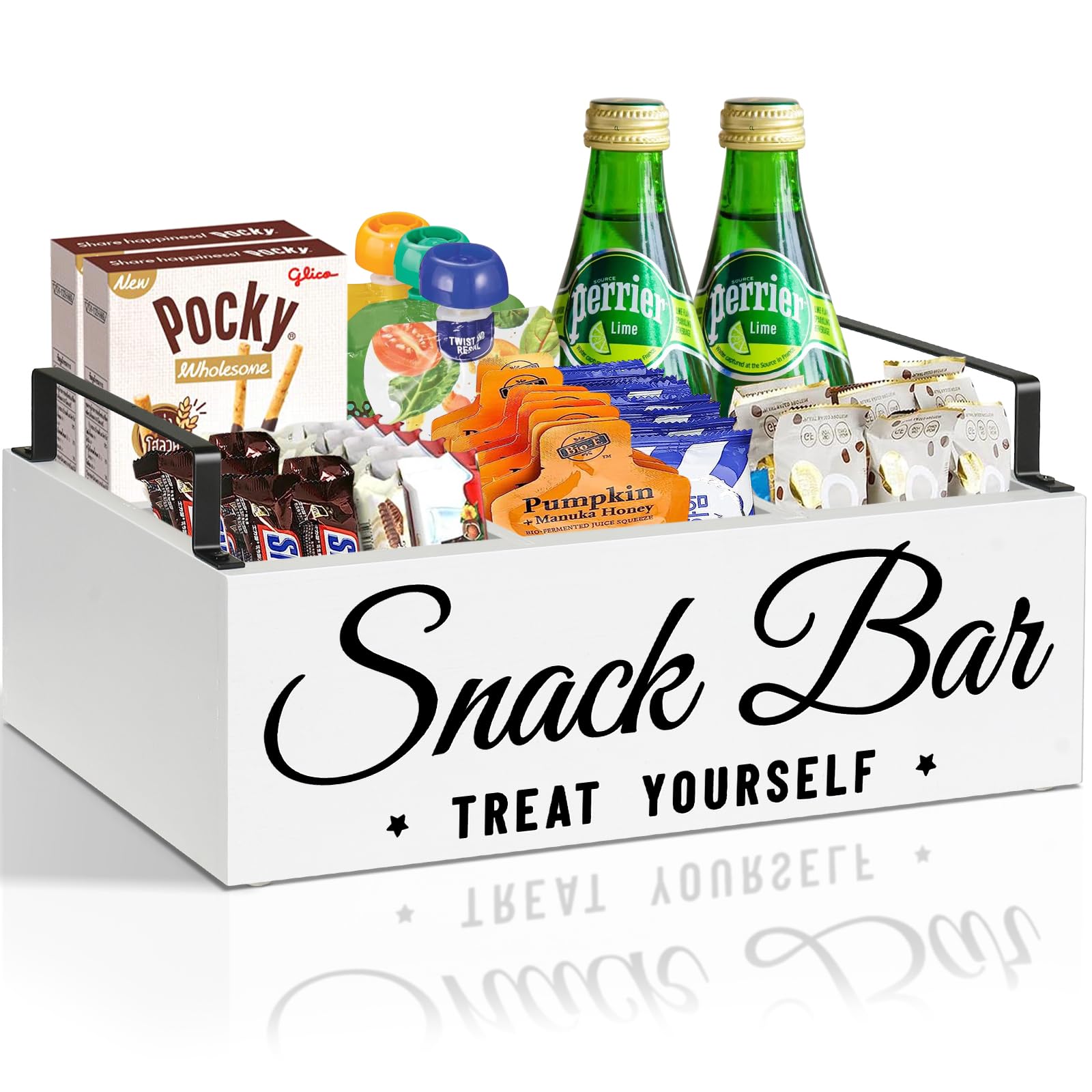 Snack Organizer For Countertop, Wood Pantry Storage Bins With Handles, Snack Bar Organizer For Pantry Shelf, Kitchen, 4 Compartm