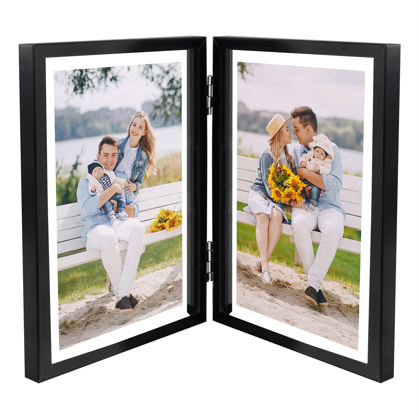 Golden State Art, Black 5x7 Hinged Double Frame - Floating Frame for 4 x 6 or Smaller Photos - Metal Frame and Real Glass, Elega