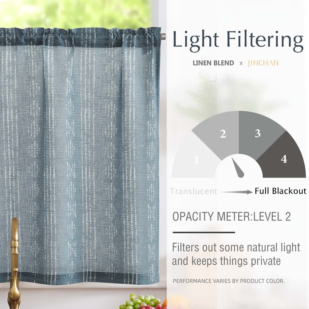 Jinchan Boho Kitchen Curtain Linen Tier Curtain Bohemian Cafe Curtain 36 Inch Geometric Striped Small Window Curtain Rod Pocket Light Filtering Farmhouse Country Rustic For Bathroom Rv 1 Panel Blue