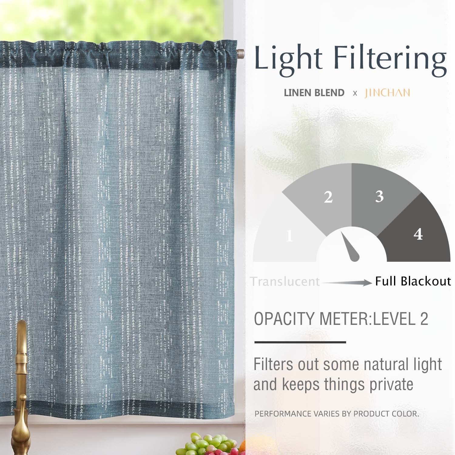 Jinchan Boho Kitchen Curtain Linen Tier Curtain Bohemian Cafe Curtain 36 Inch Geometric Striped Small Window Curtain Rod Pocket Light Filtering Farmhouse Country Rustic For Bathroom Rv 1 Panel Blue