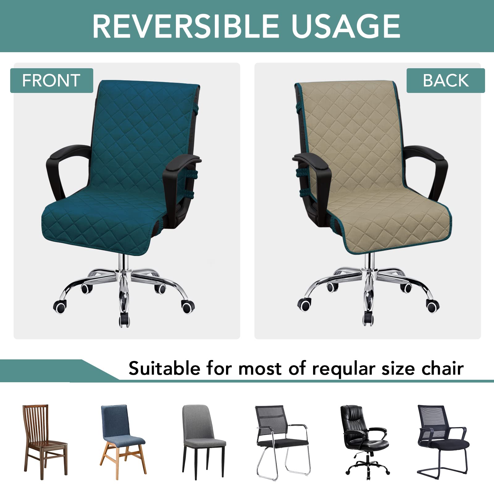 Easy-Going Reversible Office Chair Cover Water Resistant Dining Chair Cover Soft Desk Computer Chair Slipcover With Anti-Slip Buckle For Armchair Or Armless Chair (Medium, Peacock Blue/Beige)