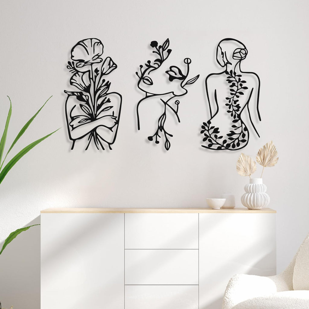3 Pcs Metal Wall Art Decor Minimalist Abstract Woman Wall Art Metal Modern Line Drawing Wall Art Decor Female Single Line Wall H
