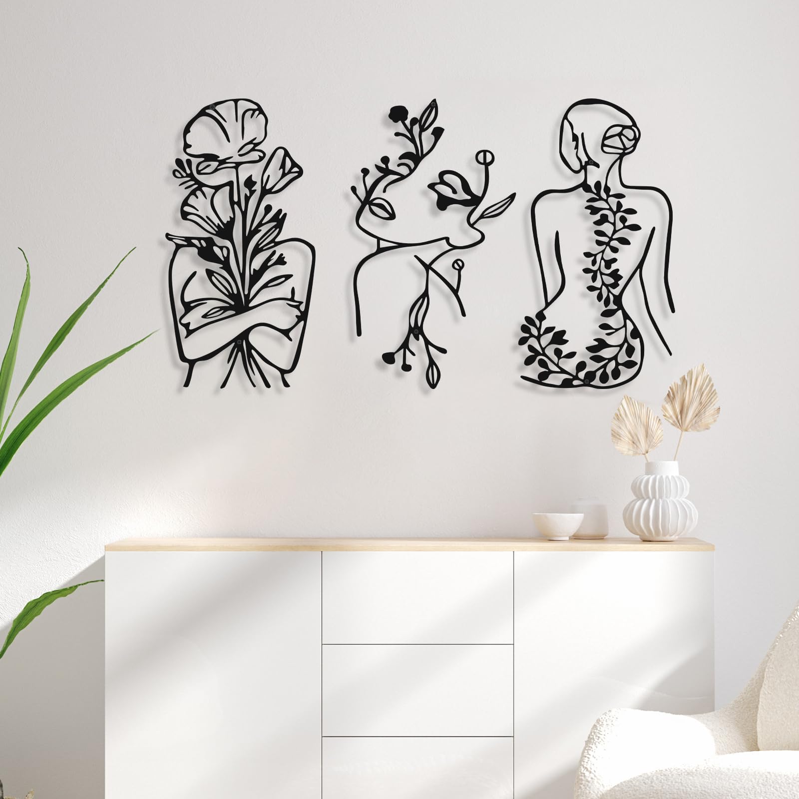 3 Pcs Metal Wall Art Decor Minimalist Abstract Woman Wall Art Metal Modern Line Drawing Wall Art Decor Female Single Line Wall H