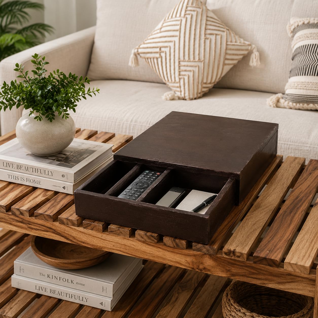 Wooden Desktop Organiser Box With Sliding Drawer, Dark Brown