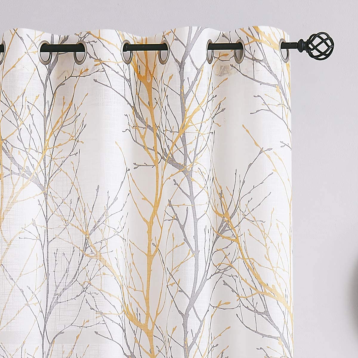 FMFUNCTEX Semi-Sheer Print Curtains for Bedroom Yellow Grey Tree Branches Curtain Panels on White Linen Textured Draperies for B