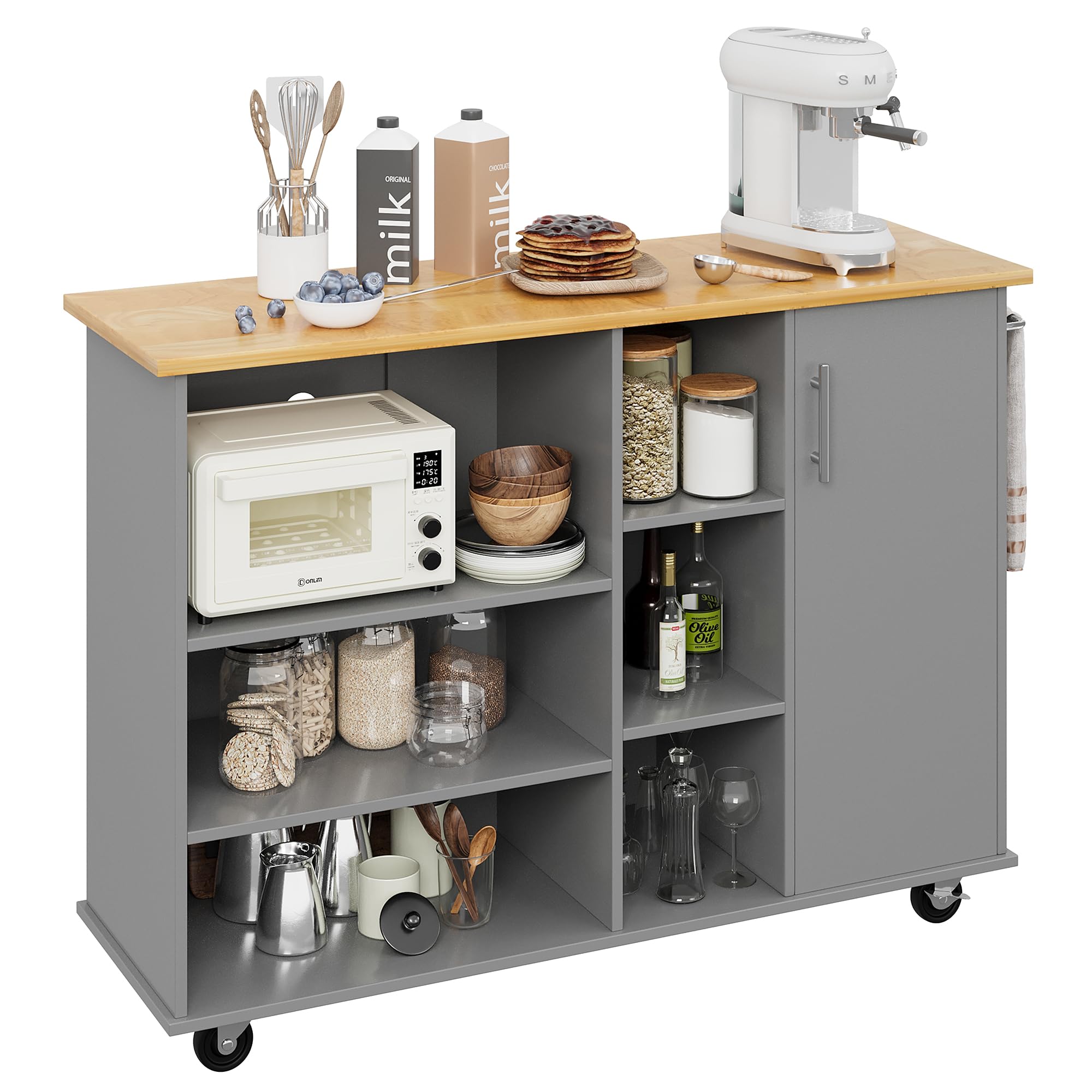 Shintenchi 47   W Kitchen Storage Island Cart With 6 Open Shelves And 1 Cabinet, Portable Trolley Cart With Wood Work Top And Ha