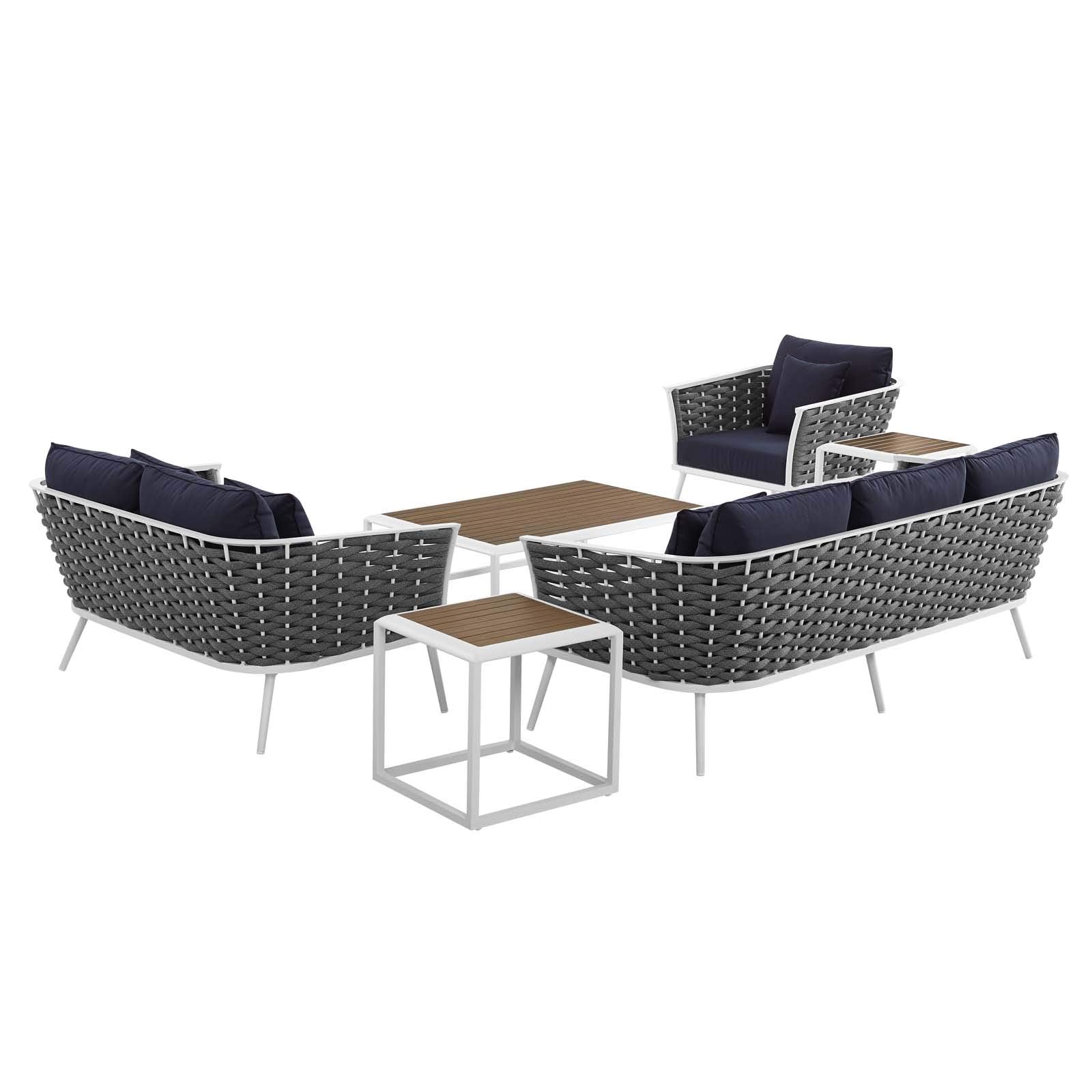 Modway Stance Outdoor Patio Aluminum Sectional Sofa Set, 6 Piece, White Navy