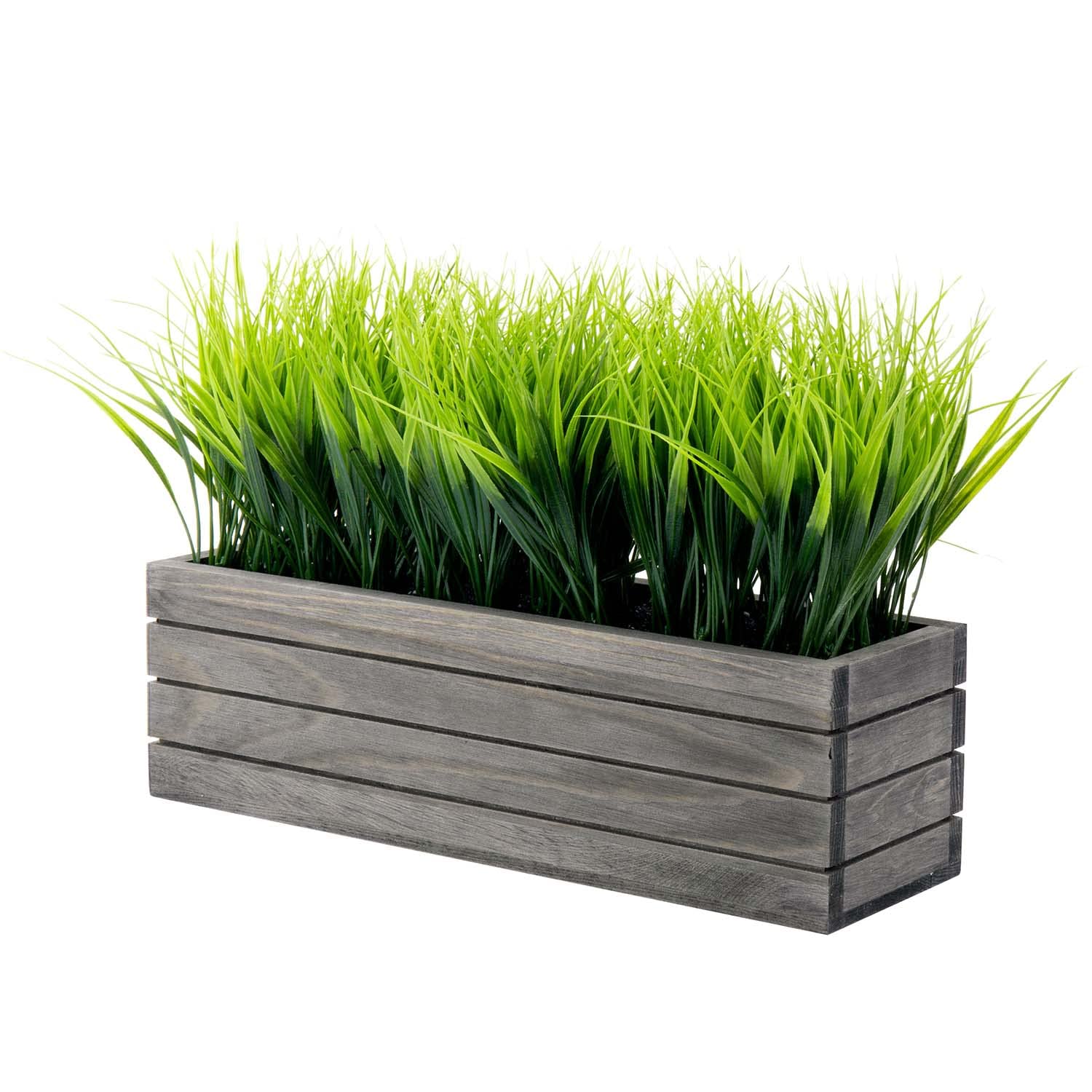 MyGift 14 Inch Artificial Green Grass Plant in Vintage Gray Wood Planter Window Box, Faux Greenery in Decorative Rectangular Cra