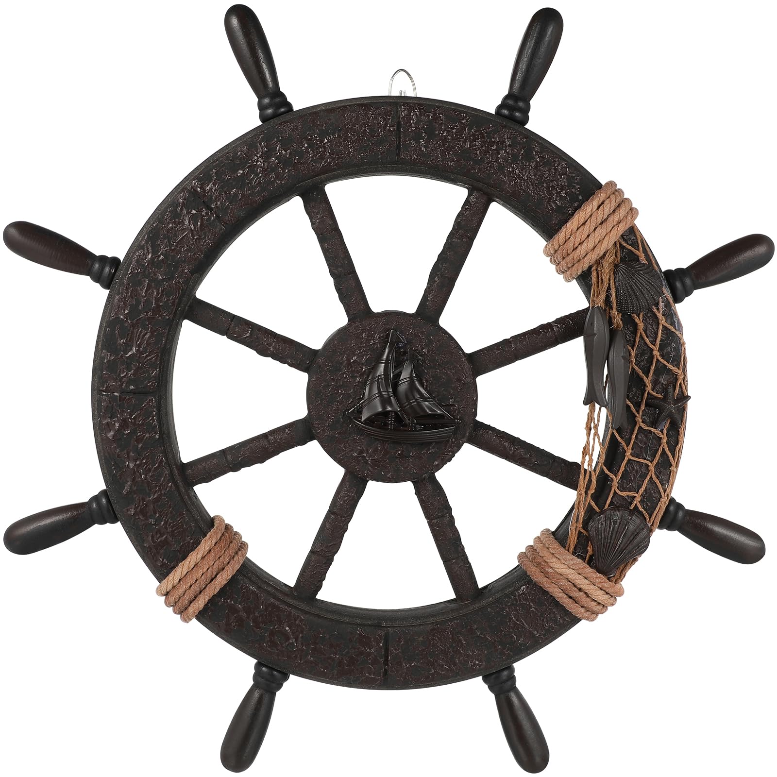 Nautical Wheel Decor Rustic Boat Steering Wheel Fishing Net Wall Sculpture Rudder Hanging Ornament for Home Beach Theme Decor