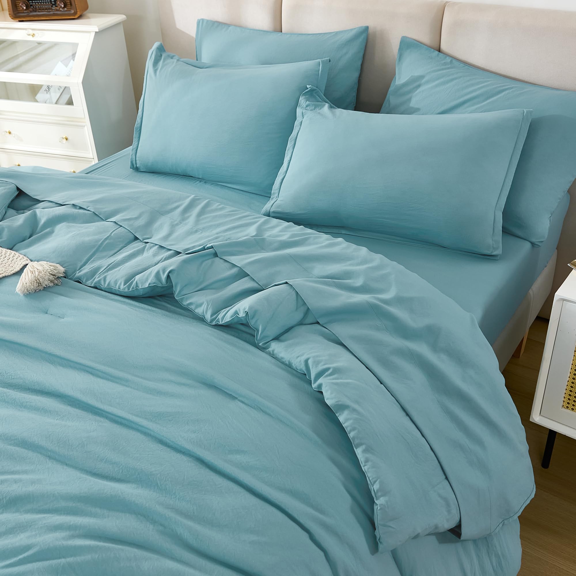 Litanika California King Comforter Set Grayish Teal - 7 Pieces Bed In A Bag Cal King Beddding Comforter Sets, Plain Lightweight