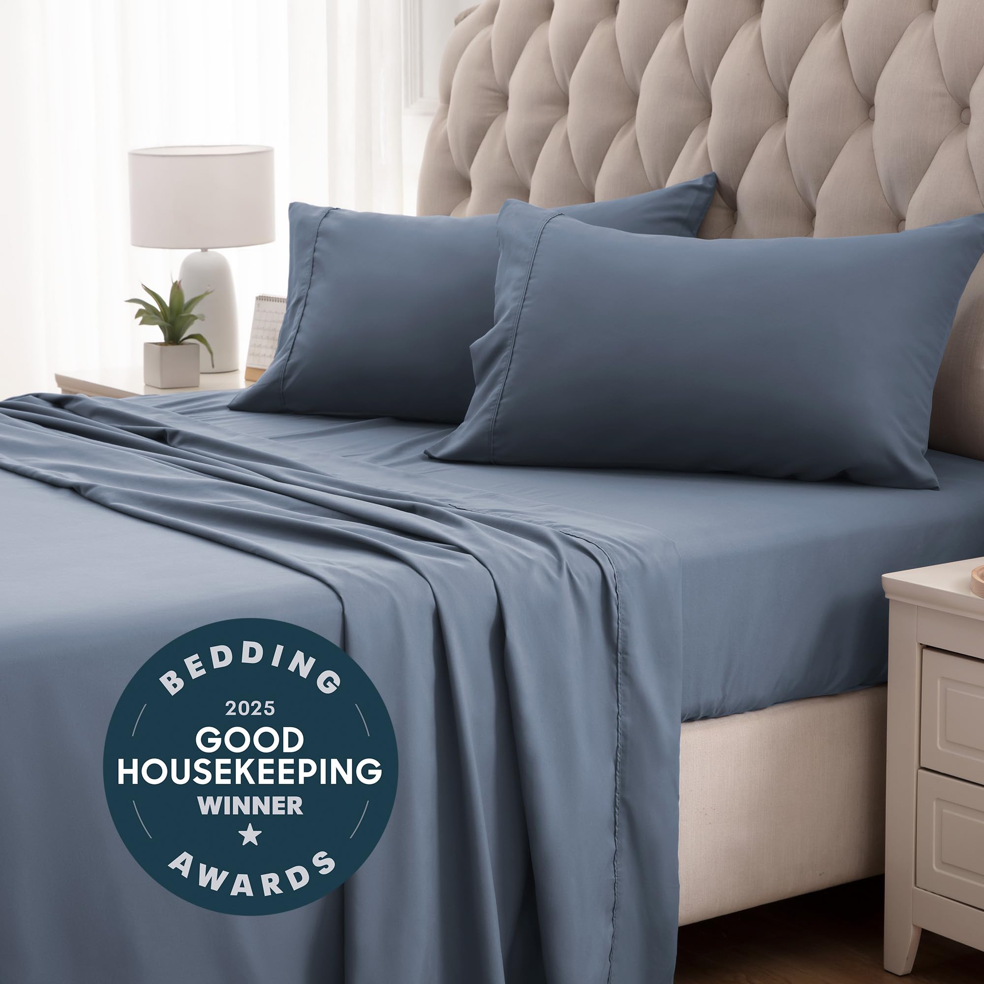 Sleep Zone Nanotex Super Soft Cooling Twin Bed Sheets Set For Kids 3 Piece - Easy Care Fitted Flat Sheet & Pillowcase Sets - Wrinkle Free, Fade Resistant, Deep Pocket 16' (Flint Blue, Twin)