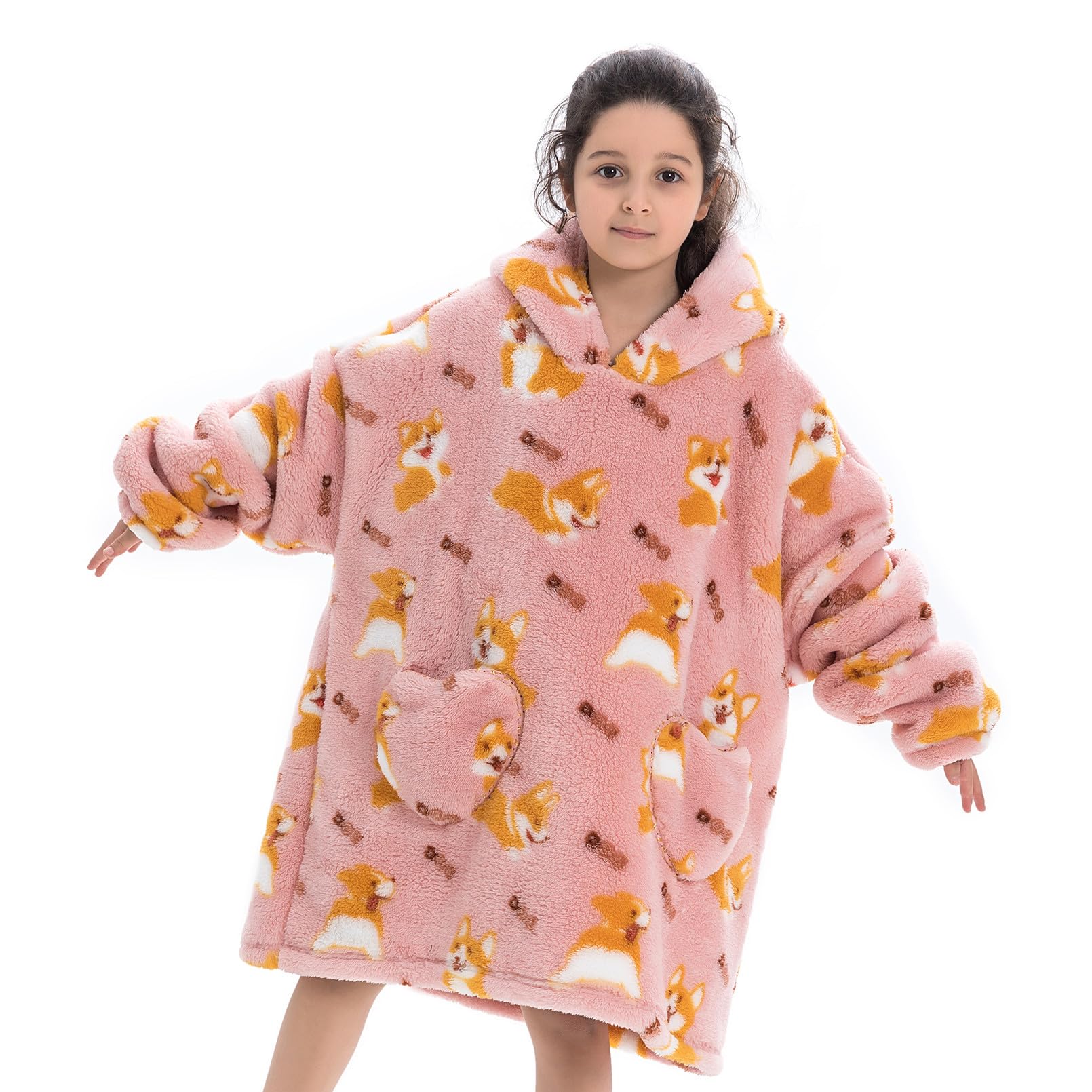 Deserthome Wearable Blanket Hoodie For Kids 6-12Yr Animal Oversized Hooded Blanket Super Soft Comfortable Warm Flannel Corgi