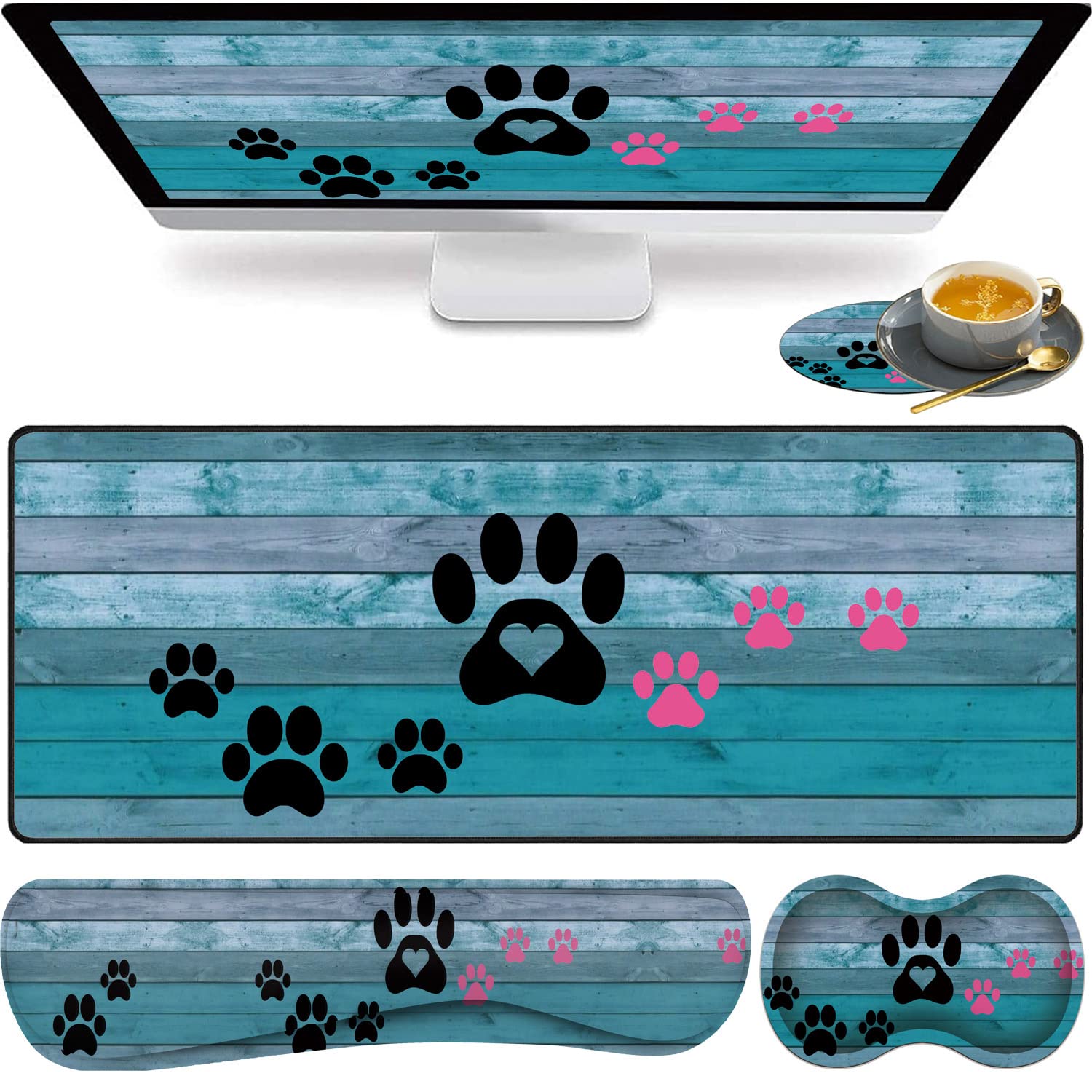 Large Gaming Mouse Pad, Keyboard Wrist Rest Pad + Mouse Wrist Pad + Coaster Set Extended Waterproof Non-Slip Table Mat Suitable