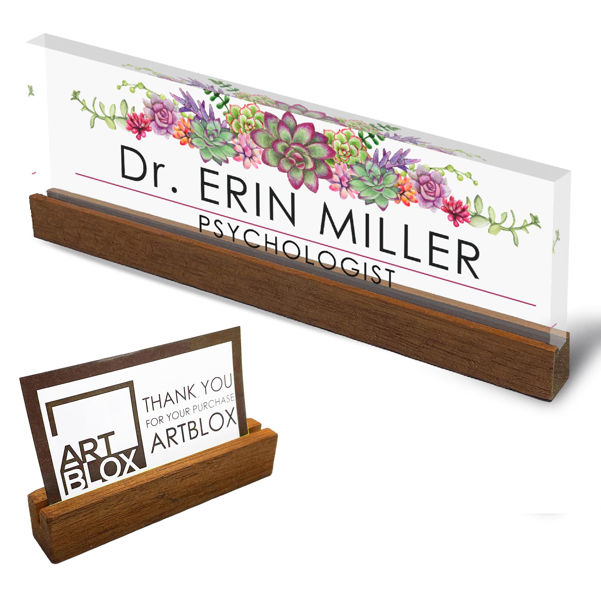 Artblox Office Personalized Name Plate For Desk With Business Card Holder On Clear Acrylic Glass Succulents Flowers Design Custo