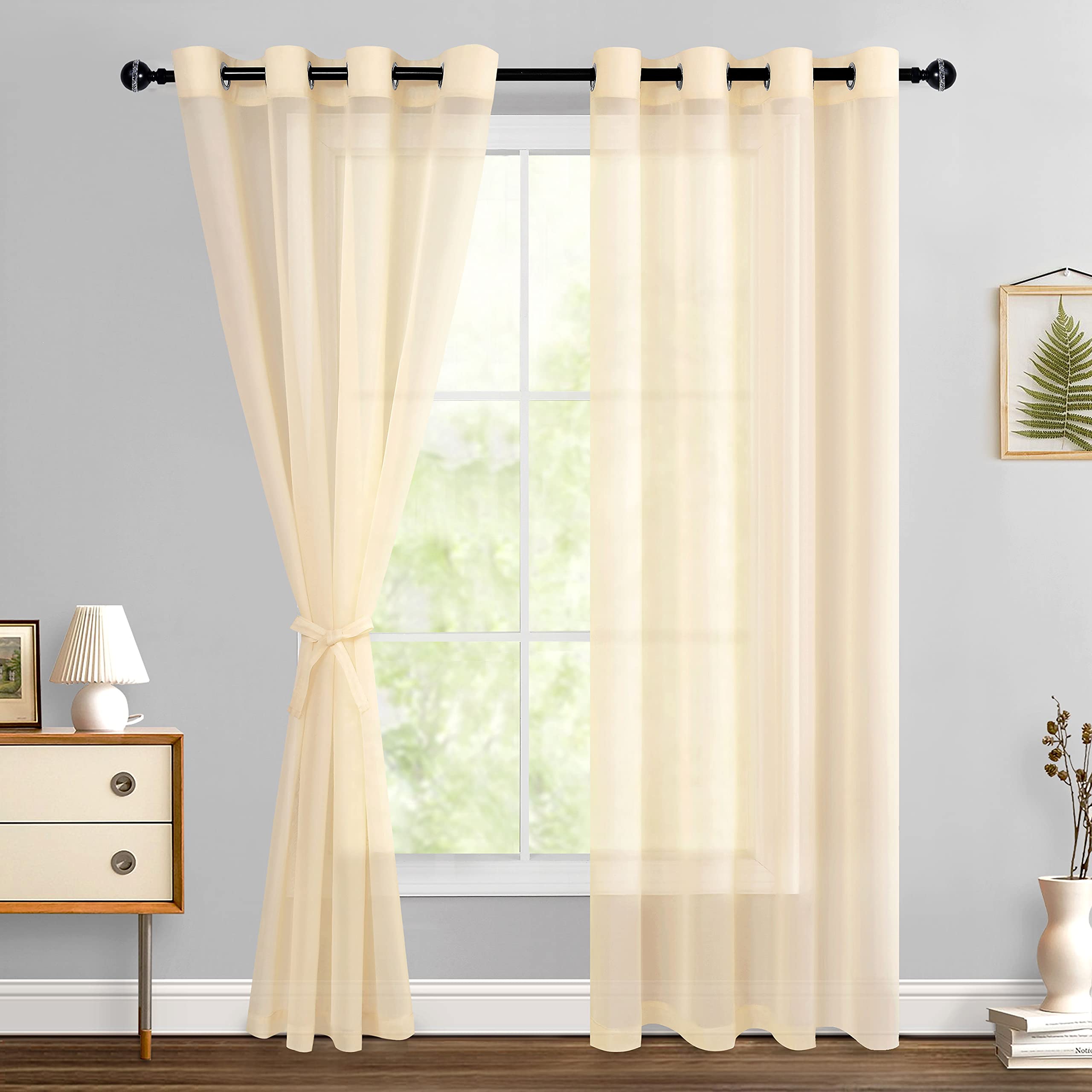 Hiasan Sheer Curtains For Living Room With Tiebacks, Grommet Top Light Filtering Airy Voile Drapes Lightweight Window Curtains For Bedroom, Nursery, Beige, W52 X L84, Set Of 2 Soft Textured Panels