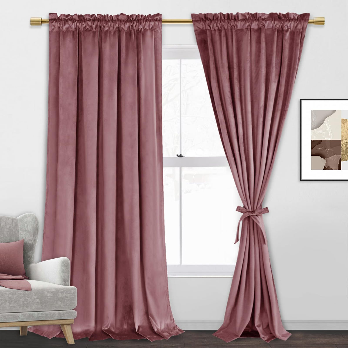 Jiuzhen Wild Rose Velvet Curtains 90 Inches For Living Room - Thermal Insualted Room Darkening Rod Pocket Thick Velvet Window Dr