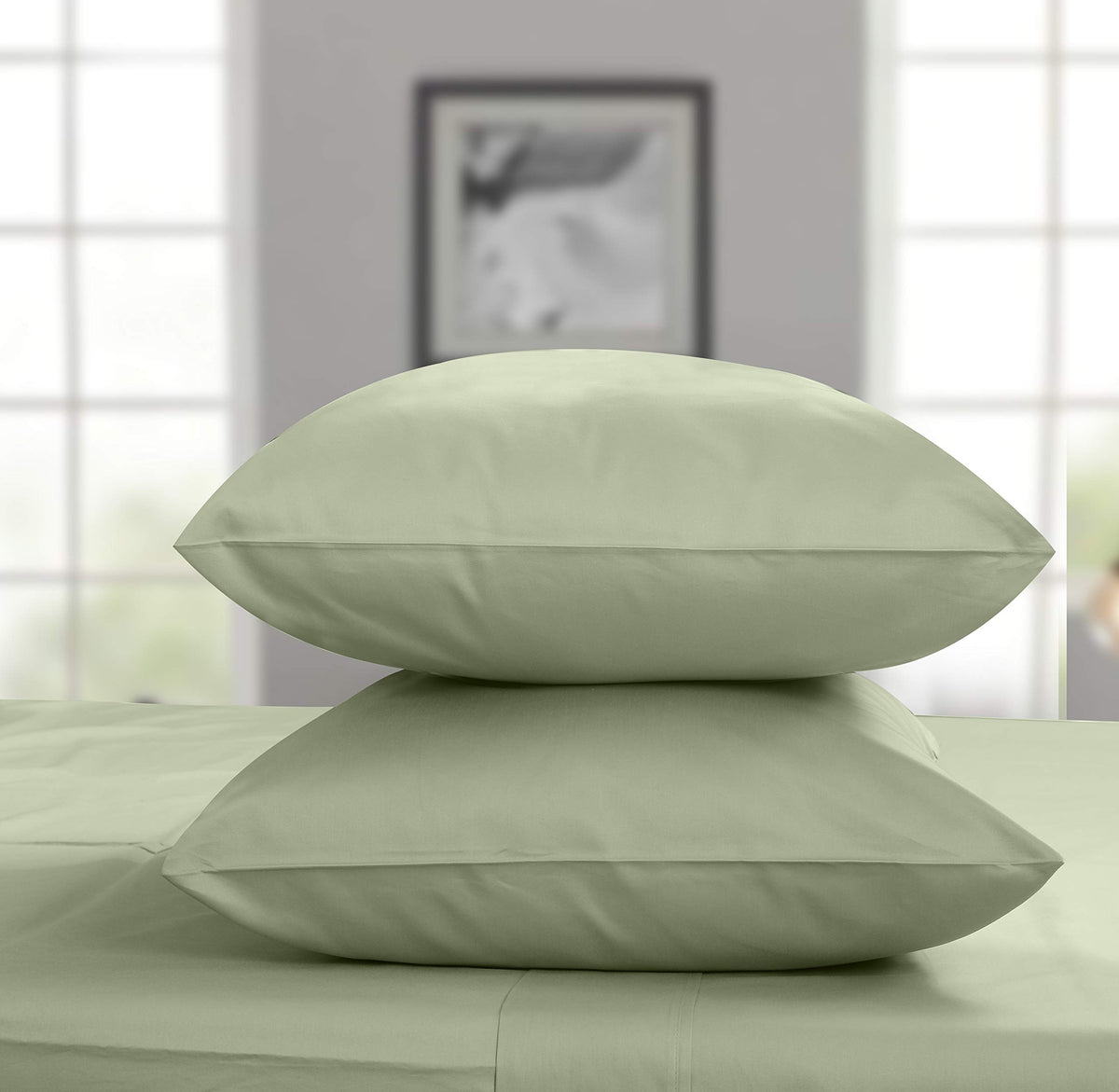 Threadmill Home Linen Standard Pillowcase - 100% Pure Cotton 600 Thread Count, 2 Piece Sateen Weave Sage Pillow Cover Set, Silky