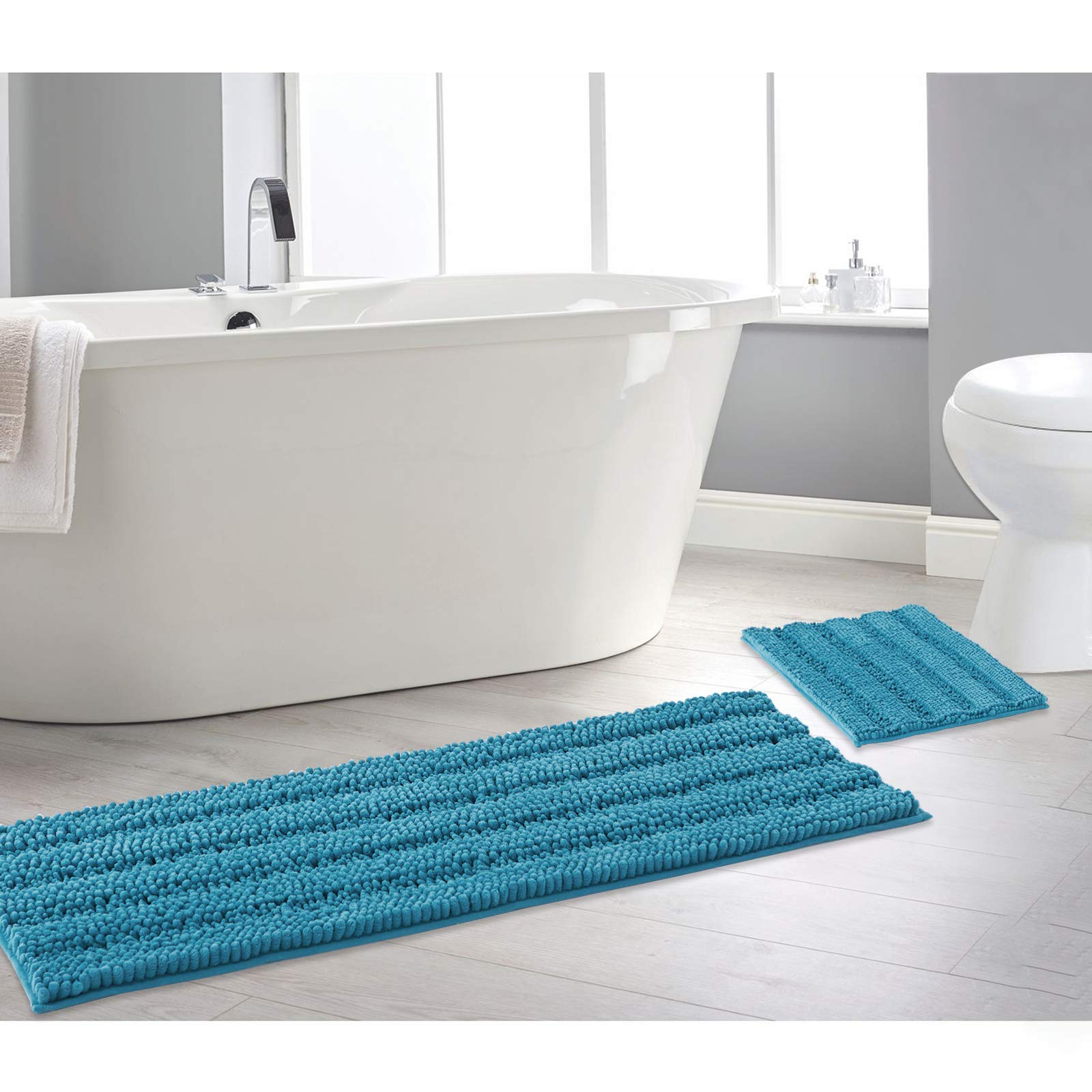 NICETOWN Bathroom Rugs, Teal Blue, Set of 2-20'' x 32''/70'' x 24'', Slip-Resistant Absorbent Soft and Fluffy Thick Striped Bath