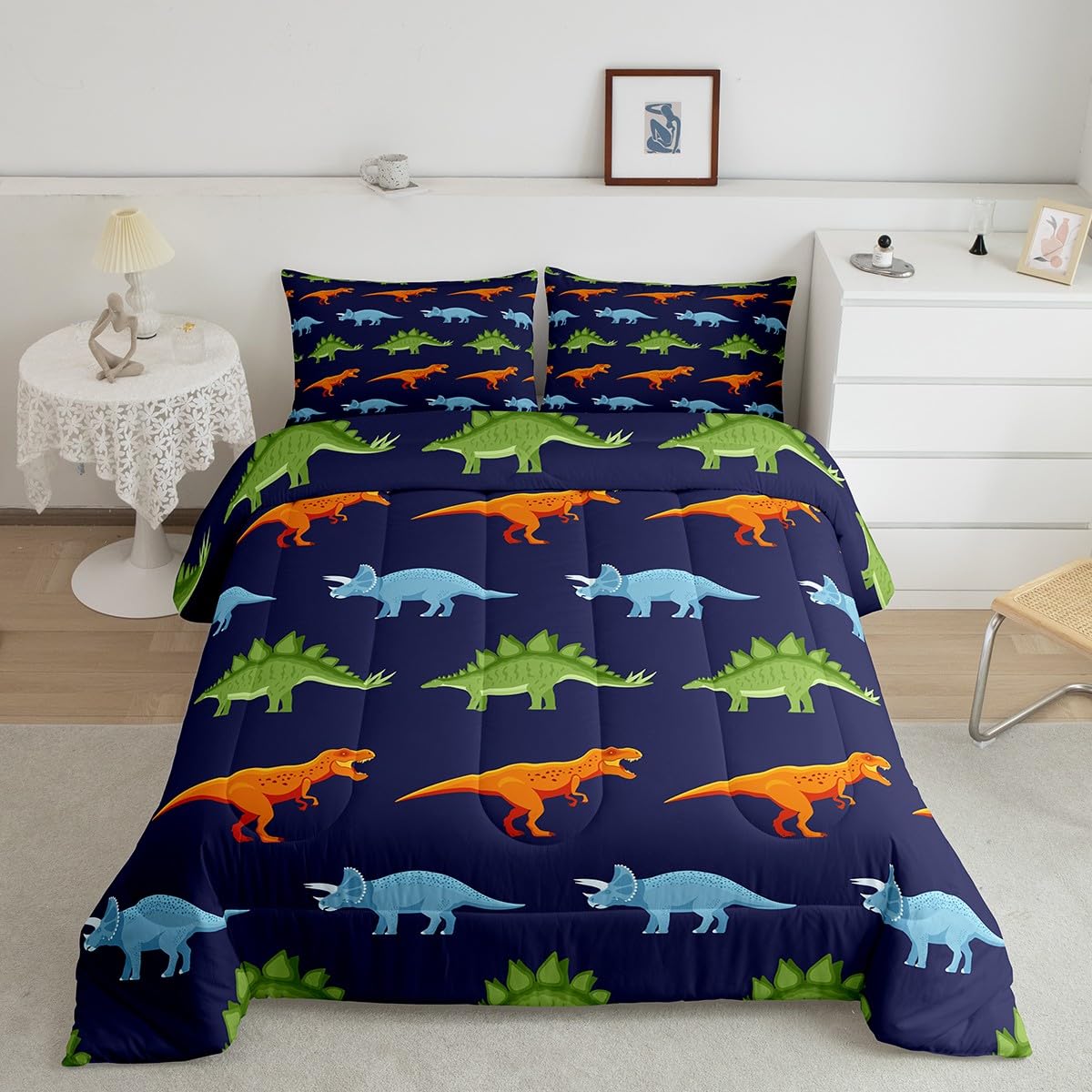 Cartoon Dinosaur Bedding Set Full, Dark Blue Dinosaur Comforter Set for Kids Dinosaurs Print Comforter Boys Girls Jungle Dino Du