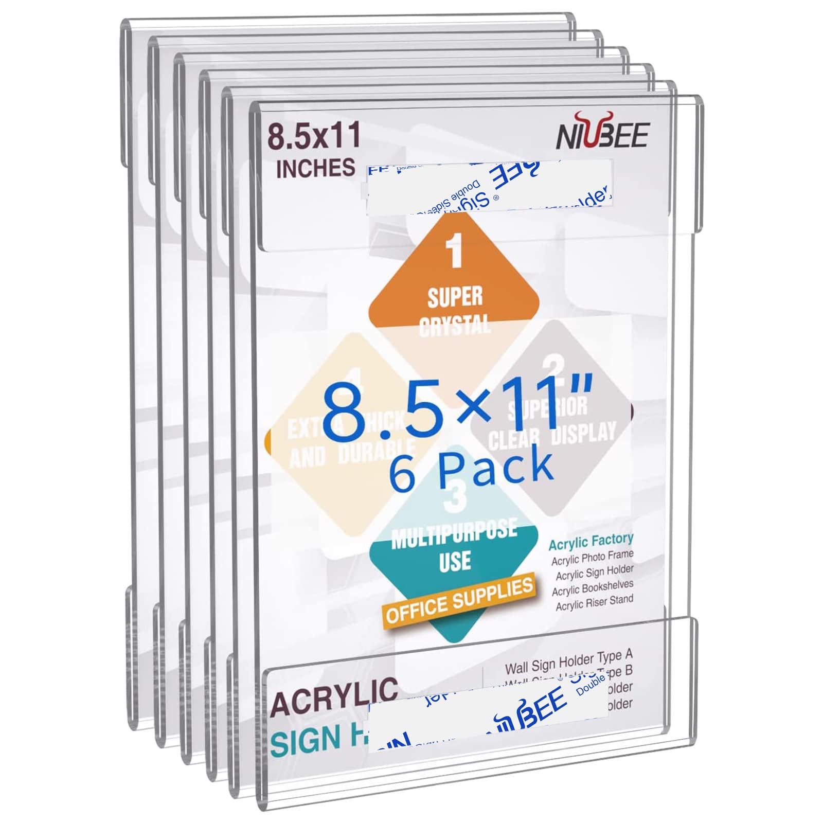 Niubee 8.5X11 Clear Acrylic Plexi Sign Holders With Double Sided Adhesive Tape, Wall Sign Memo Document Menu Holder For Office,