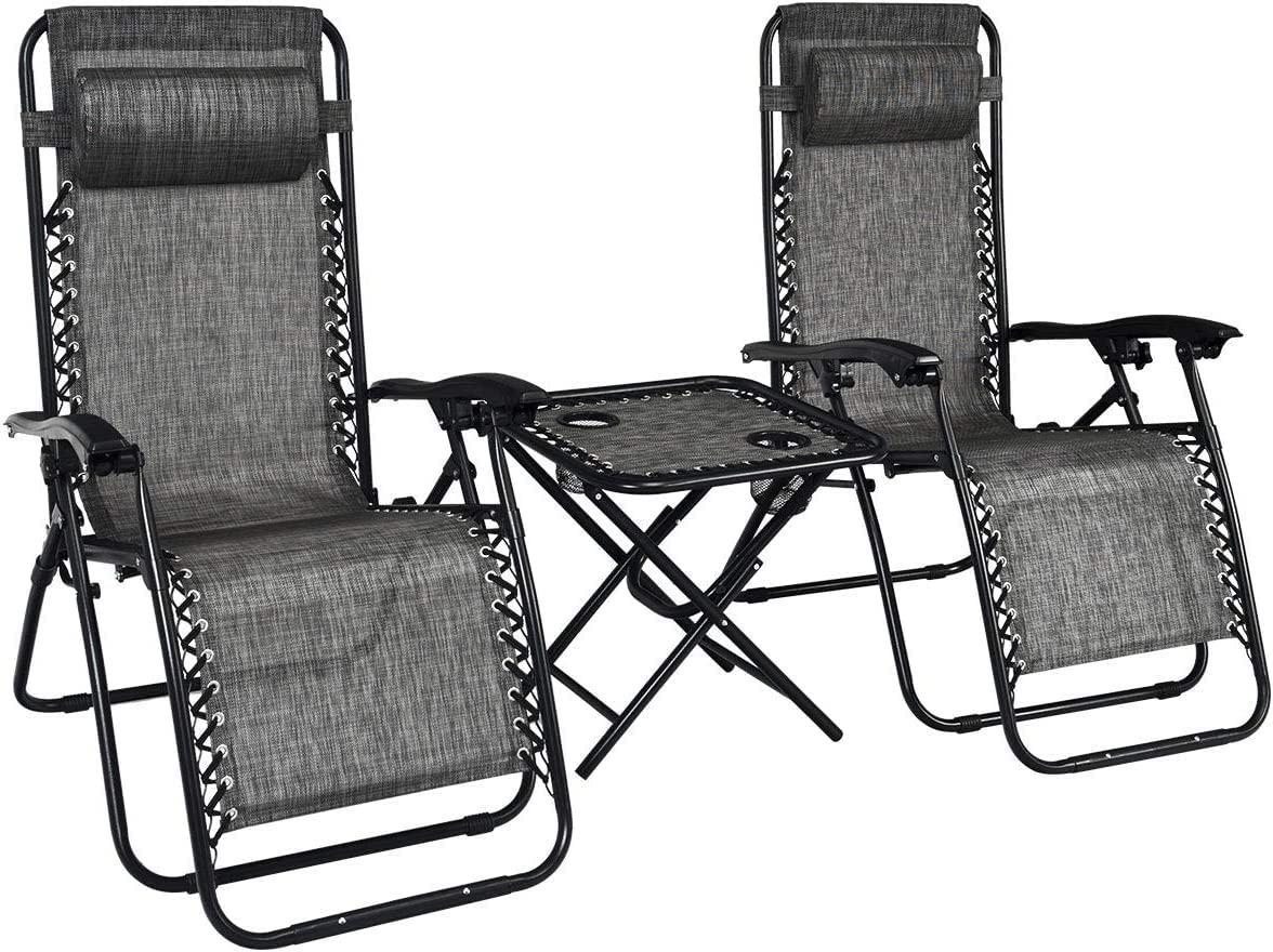 S Afstar Zero Gravity Chairs Set Of 2, 3 Pcs Folding Zero Gravity Lawn Chair Set With Side Table Cup Holders & Adjustable Headrest, Reclining Patio Chairs, Zero Gravity Lounger For Patio Poolside