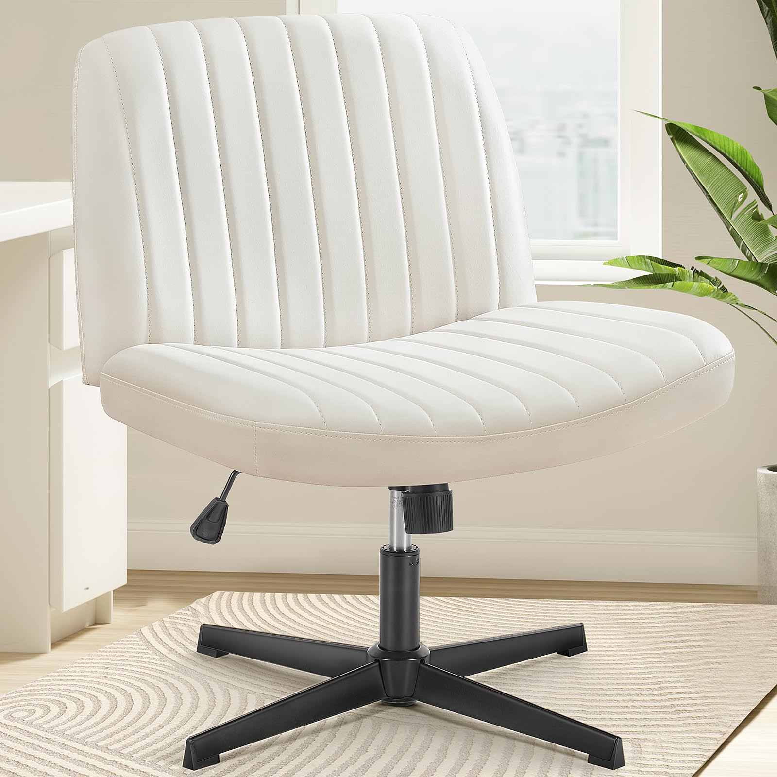 OLIXIS Criss Cross Legged Chairs Armless No Wheels Wide Seat Height Adjustable Swivel Padded PU Leather Home Office Desk Chair f