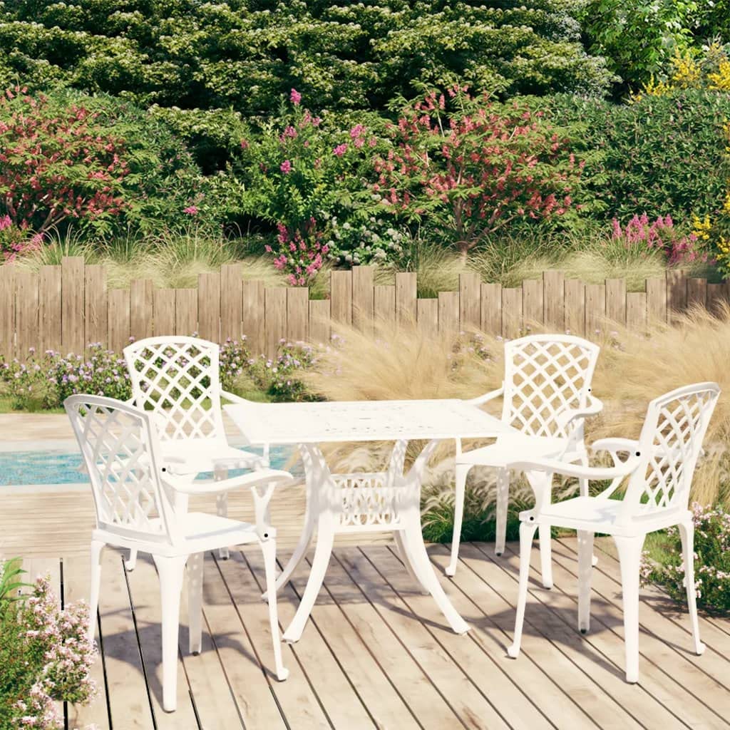 vidaXL White Patio Bistro Set, Cast Aluminum, Weather-Resistant, Elegant Outdoor Furniture, Includes 4 Chairs, Coffee Table with Umbrella Hole, Assembly Required