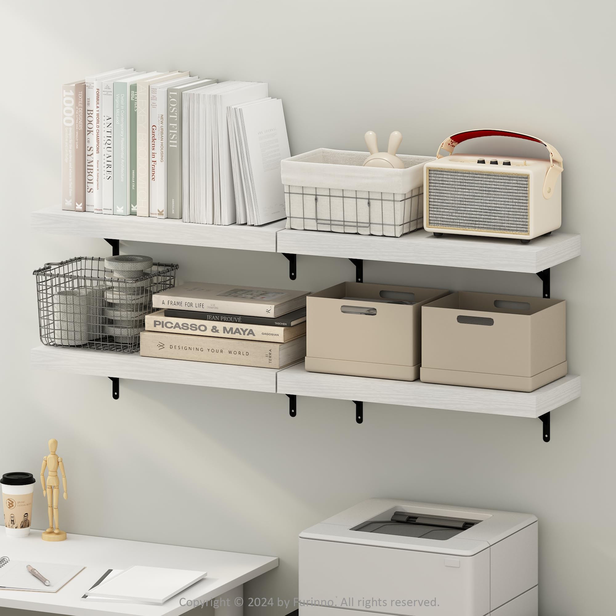 Furinno Tanna 22-Inch Wall Mounted Floating Display Shelves, White Texture, Set of 4